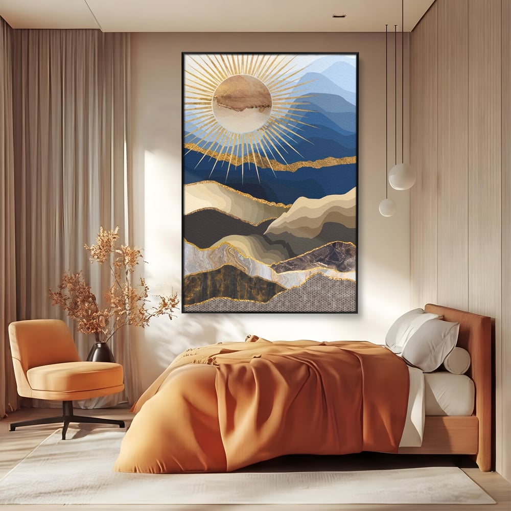 Tablou canvas cu tablou canvas cu peisaj montan, in rama de aluminiu negru, pe perete intr-un dormitor